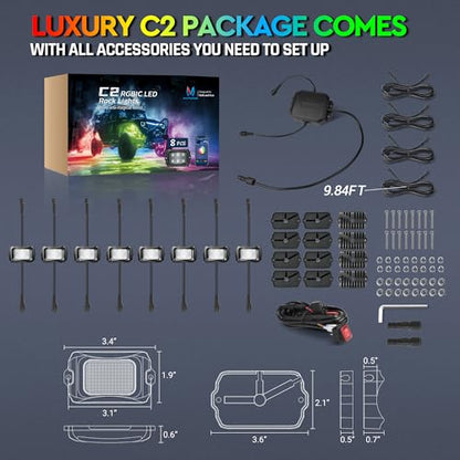 C2 MAX 10 Pods RGB+IC Chasing Rock Lights with Wiring Switch Kit (10 Pods Kit)