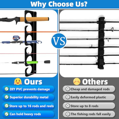 Fishing Rod Rack Pole Wall or Ceiling Storage Holder Hook Keeper Display Hanger Organizer Mount for Garage (Store 12 Rods)