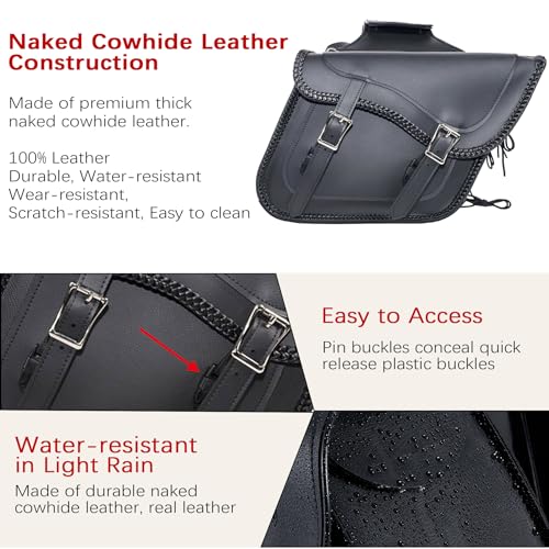 Naked Cowhide Leather Motorcycle Saddle Bags Studded Throw Over Saddlebags (Black 26L No Studs & Braided)