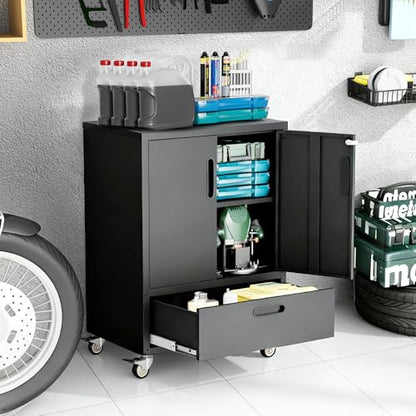 Metal Storage Cabinet for Garage (Black / M - 2 Doors & Drawer (Wheeled))