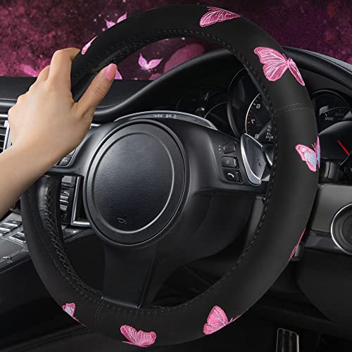 Pink Embroidery Butterfly Steering Wheel Cover (Black and Pink)