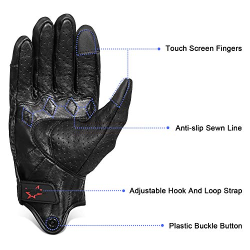 Full Finger Goat Skin Leather Touch Screen Motorcycle Gloves Men (Perforated / Large)