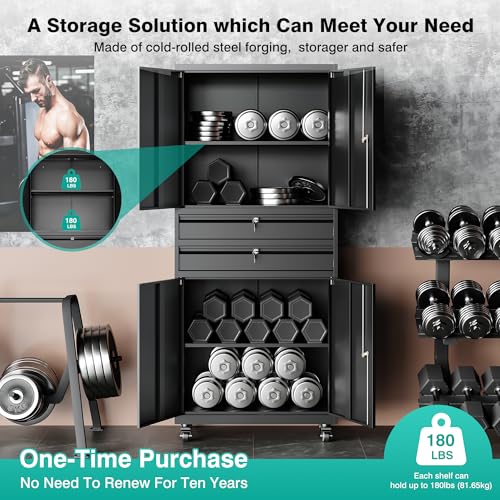 Metal Storage Cabinet with Wheels and Drawers (73"H x 31.5"W x 16"D-B / Black)