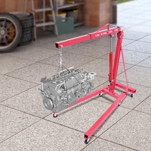 Folding Engine Hoist 2 Ton Engine Crane Lift with 6 Caster Wheels 4400LBS Steel Hydraulic Engine Crane 4 Adjustable Positions for Car Fixing Workshops Garages Warehouse (Red 1T)