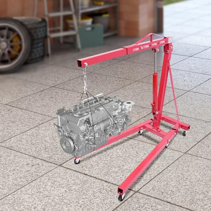 Folding Engine Hoist 2 Ton Engine Crane Lift with 6 Caster Wheels 4400LBS Steel Hydraulic Engine Crane 4 Adjustable Positions for Car Fixing Workshops Garages Warehouse (Red 1T)