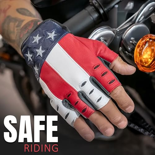 Hugger Daniel Smart Goatskin Leather Motorcycle Gloves for Men Fingerless Biker Gloves with American Flag and Reflective Star Design (American Flag / 3X-Large)