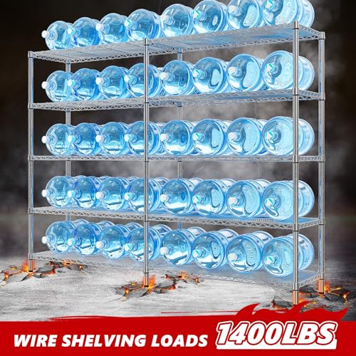 58" W Storage Shelves Wire Shelving 1400LB Metal Shelves for 5 Tier Shelving Unit with Shelf Adjustable Garage Shelving Rack for Pantry Kitchen Garage (Chrome-13.8"D x 58"W x 59"H-5 Tier)