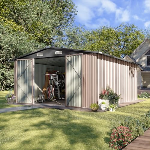 10 x 12FT Outdoor Storage Shed with Double Hinged Large Door (10'x12' / Brown)
