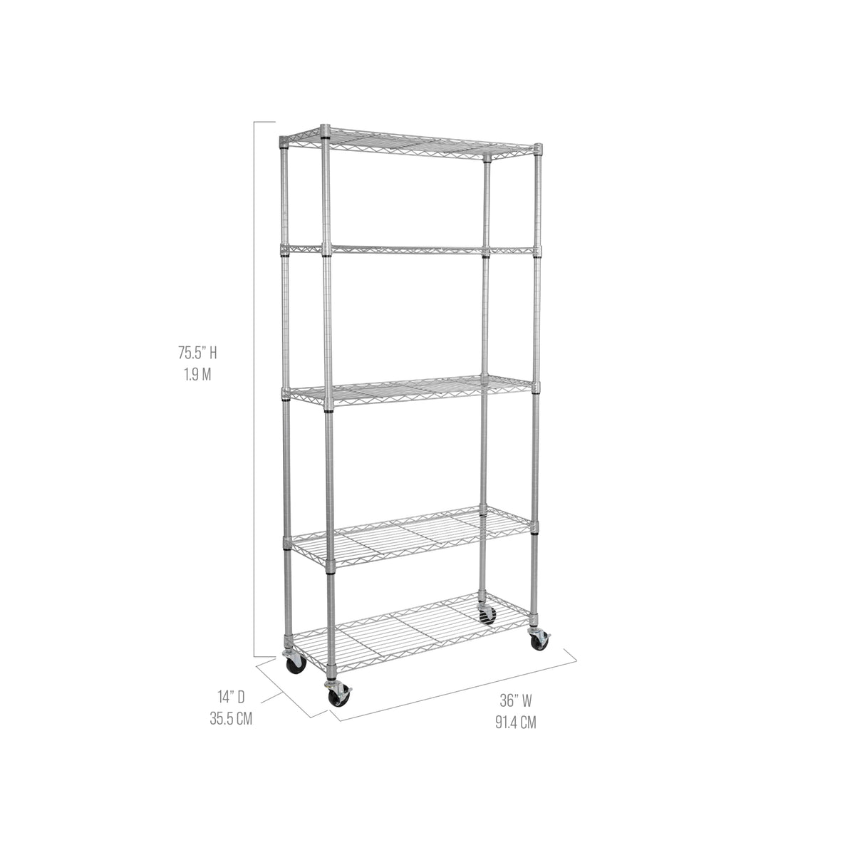 5-Tier NSF-Certified Steel Wire Shelving, 36"W x 14"D x 75.5"H, Silver (Silver / 5-Tier Shelving, 36" W x 14" D)