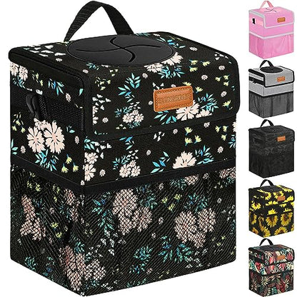 Leak Proof Car Trash Can with Lid Colorful Floral (Colorful Floral / 2 Gallons)