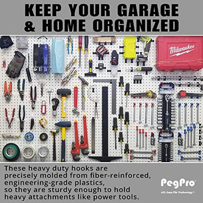 PegPro® J, 1", 2" Hooks Kit for Standard “Wood Fiber” pegboard – Durable Plastic Pegboard Hooks - for Garage, Kitchen, Craft Room, and More (J, 1", 2" Hook - 50 Pack, White) (J, 1" & 2" Hook - 50 Count / White)
