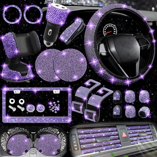27 PCs Purple Violet Bling Car Accessories Set for Women (Purple Violet Diamond)