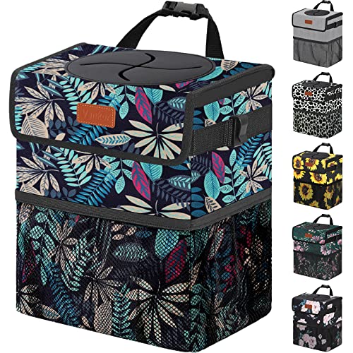 Car Trash Can with Lid Leak Proof Car Accessories for Women (2.2 Gallons / Colorful Leaves)