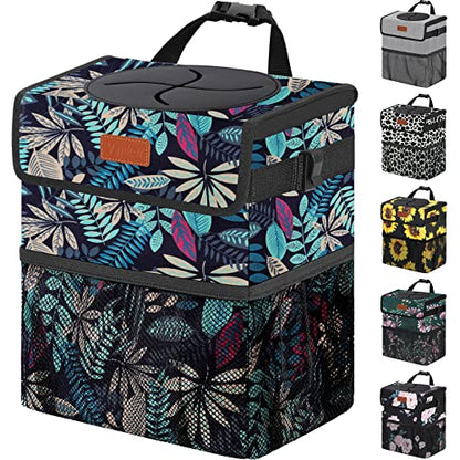 Car Trash Can with Lid Leak Proof Car Accessories for Women (2.2 Gallons / Colorful Leaves)