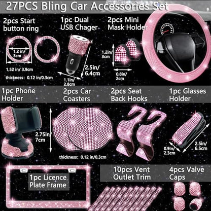 27 Piece Bling Car Accessories Set (Pink Diamond)