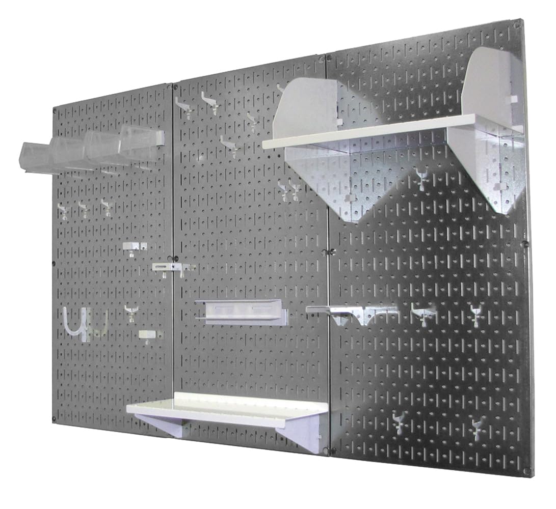 Pegboard Organizer 4 ft. Metal Pegboard Standard Tool Storage Kit with Galvanized Toolboard and White Accessories (Metallic Pegboard with White Accessories)