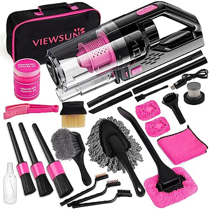 Car Vacuum Cordless Rechargeable (Pink / 17PCS with Cordless vacuum)