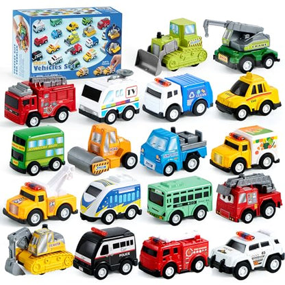 18 Pcs Pull Back City Cars and Trucks Toy Vehicles Set