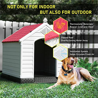 Durable Waterproof Plastic Dog House for Small to Large Sized Dogs (Red / 34"L x 31"W x 32"H)