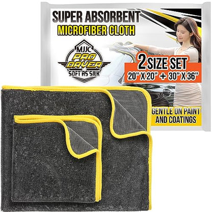 Pro Dryer Plush Silk Microfiber Drying Towel (2 size set (20” x 20”) + (30” x 36”))