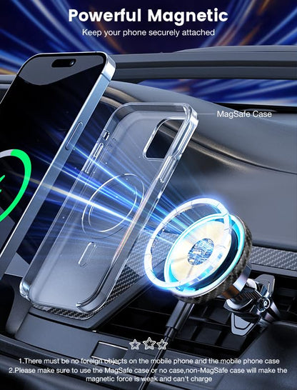 for Magsafe Car Mount Charger 15W LED RGB Car Phone Holder for Dash Vent (Carbon Fiber)