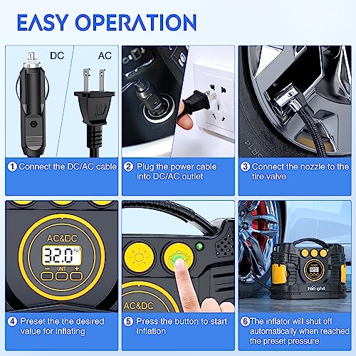 Tire Inflator Portable Air Compressor Dual Power for Car 12V DC and Home 110V AC Tires Pump Pressure Gauge Fast Inflate Auto Shutoff for Cars SUV Motorcycle Bicycle (Ac/DC Air Compressor 120psi)