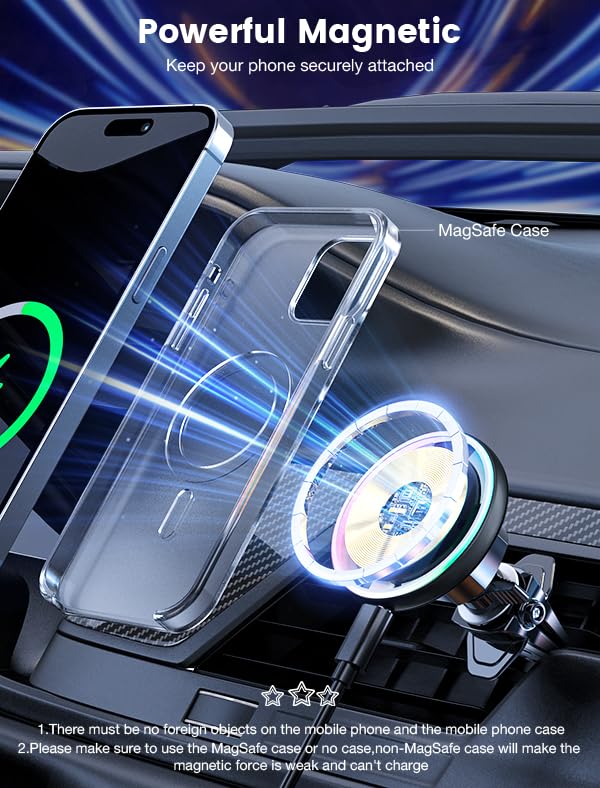 for Magsafe Car Mount Charger 15W LED RGB Car Phone Holder for Dash Vent (A Colorful Charger)