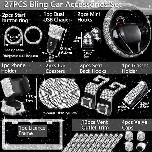 27 PCs Bling Car Accessories Set for Women (Silver Diamond)