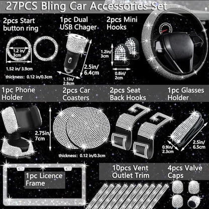 27 PCs Bling Car Accessories Set for Women (Silver Diamond)