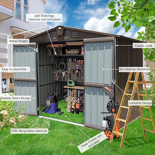 Domi Outdoor Storage Shed 8.2' x 6.2' (8' x 6' Gable Roof / Brown)