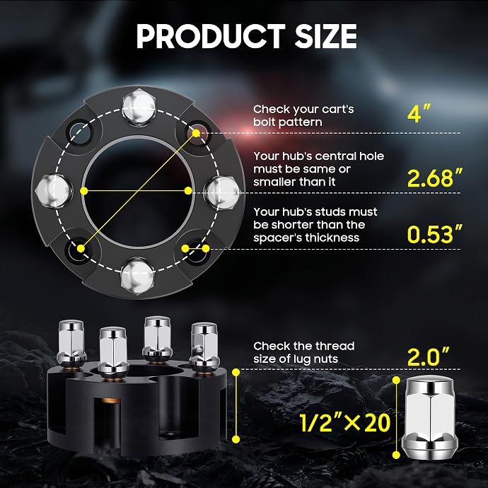 2 Inch Golf Cart Wheel Spacers Kit with Lug Nuts (4-Pack Black)