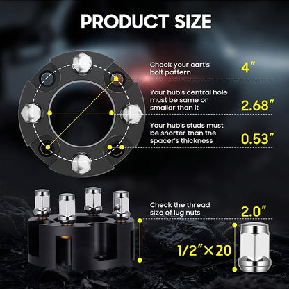 2 Inch Golf Cart Wheel Spacers Kit with Lug Nuts (4-Pack Black)