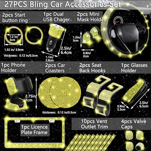 27 PCs Yellow Bling Car Accessories Set for Women (Yellow Diamond)