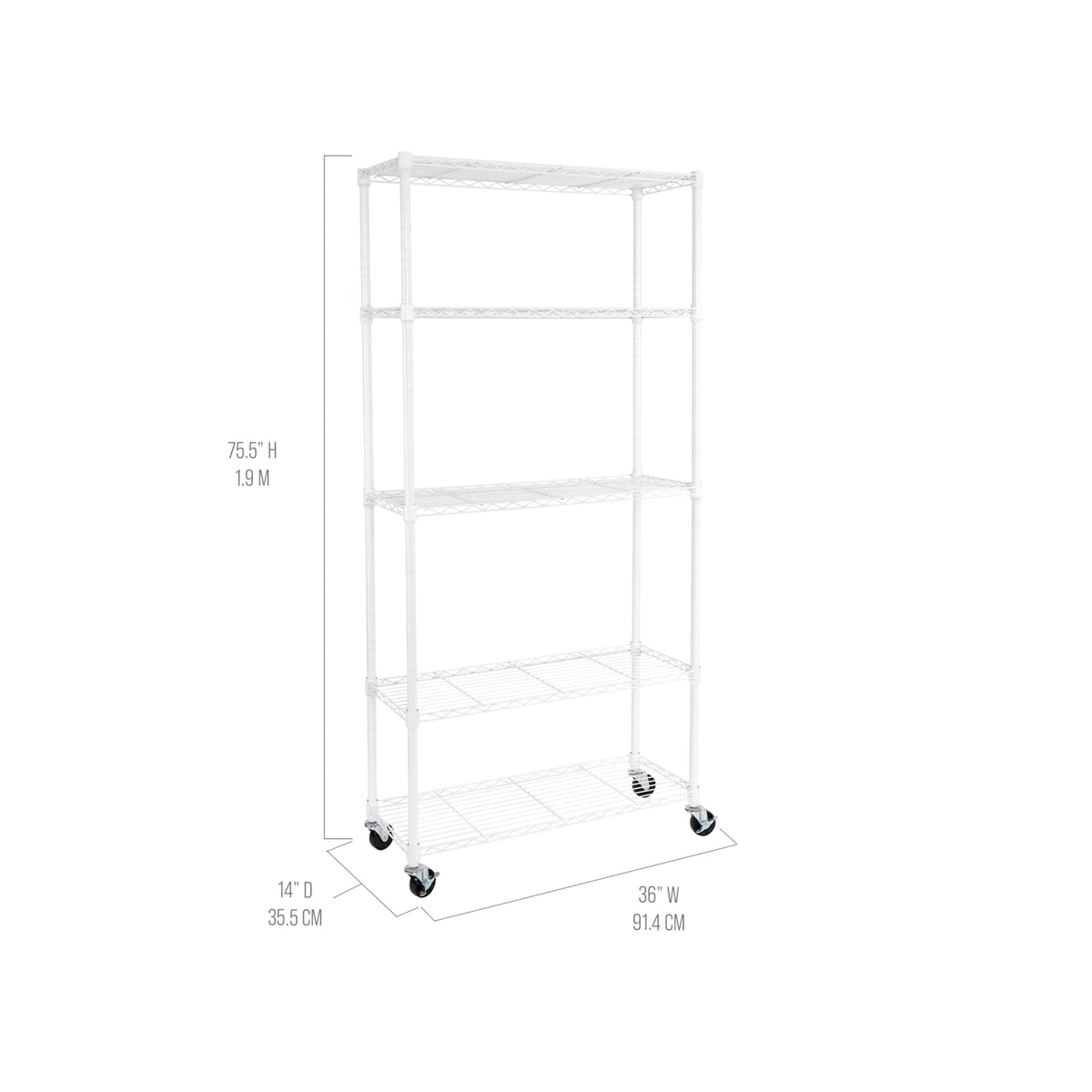 5-Tier NSF-Certified Steel Wire Shelving, 36"W x 14"D x 75.5"H, White (White / 5-Tier Shelving, 36" W x 14" D)