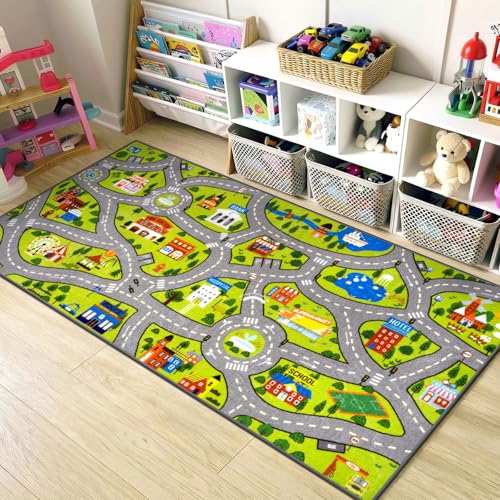 Washable Kids City Road Play Rug (3'3" x 6'7" / Green City1)