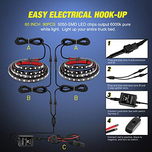 TL 31 2PCS 60Inch RGB Truck Bed Light Strip Kit 180 LED RF Remote Control with On Off Switch Blade Fuse 2Way Splitter Extension Cable for Cargo Pickup Truck SUV RV Boat (2Pcs 60Inch RGB Bed Strip w/Remote)