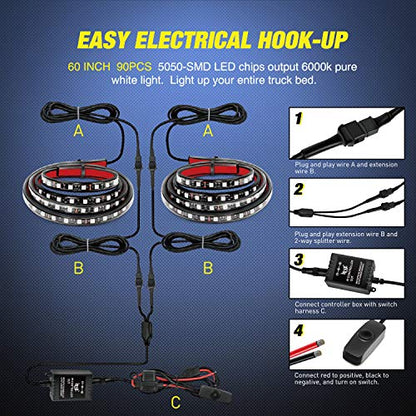 TL 31 2PCS 60Inch RGB Truck Bed Light Strip Kit 180 LED RF Remote Control with On Off Switch Blade Fuse 2Way Splitter Extension Cable for Cargo Pickup Truck SUV RV Boat (2Pcs 60Inch RGB Bed Strip w/Remote)