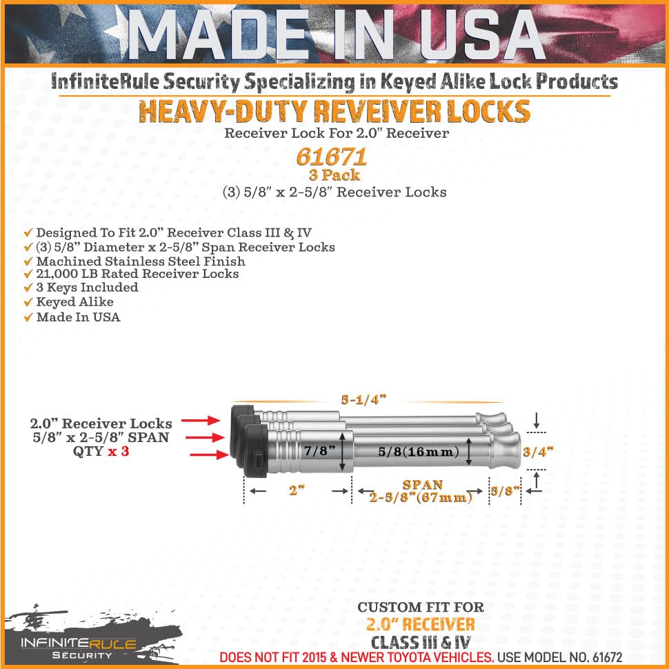61671 | 3 Pack, Keyed Alike, Receiver Locks for 2" Receiver - Class III & IV (Fits: 2.0" Receiver - Class III & IV / 3PK (3) Receiver Locks)