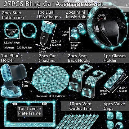27 PCs Aquamrine Bling Car Accessories Set for Women (Aquamrine Diamond)