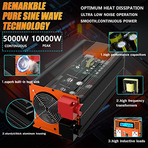 5000W Pure Sine Wave Power Inverter 12V DC to 110V 120V Converter for Family RV Off Grid Solar System Emergency Power Supply (12V-5000W)
