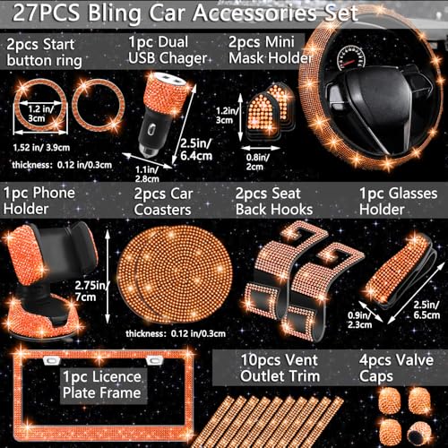 27 PCs Orange Bling Car Accessories Set for Women (Orange Diamond)