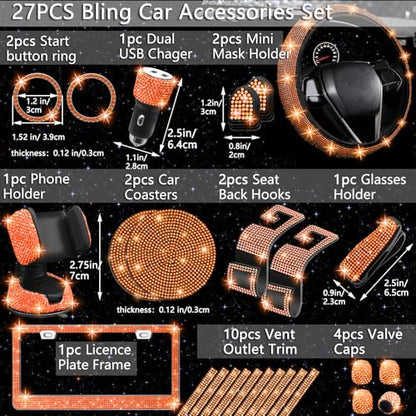 27 PCs Orange Bling Car Accessories Set for Women (Orange Diamond)