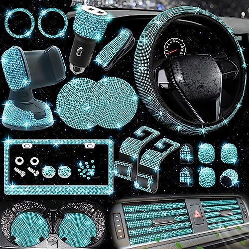 27 PCs Aquamrine Bling Car Accessories Set for Women (Aquamrine Diamond)