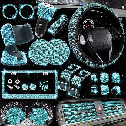 27 PCs Aquamrine Bling Car Accessories Set for Women (Aquamrine Diamond)