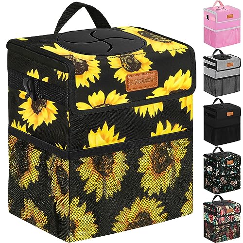 Leak Proof Car Trash Can with Lid Large Sunflower Floral (Sunflower / 3 Gallons)