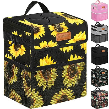 Leak Proof Car Trash Can with Lid Sunflower Floral (Sunflower / 2 Gallons)