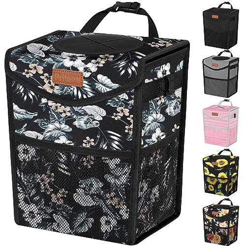 Car Trash Can with Lid Leakproof Car Garbage Bag Vehicle Trash Bin (2 Gallons / Black with Lily Print)