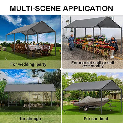 10'x20' Outdoor Heavy Duty Carport Storage Shed Portable Garage Boat Shelter Party Tent Waterproof & UV Galvanized Protected Tarp Grey (Gray)