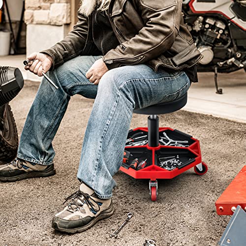 Mechanic Stool with Wheels (Red / Tool Tray)