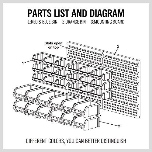 Wall Mounted Storage Bins Parts Rack 30PC Organizer Garage Plastic Shop Tool for Men's Gift (Orange-Blue-Red / 30-Piece Bins Parts Rack)